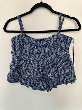 Zara Blue and White Floral Eyelet Cami Bubble Hem Crop Top Size M